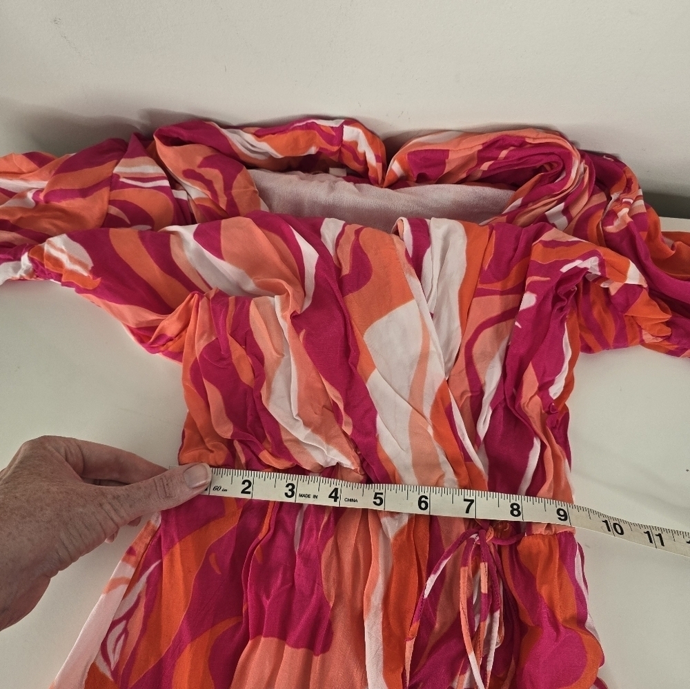 Rococo Sand Emily Mini Wrap Dress XS Tassels Ruffles Pink/Orange Swirl Print - Picture 14 of 16